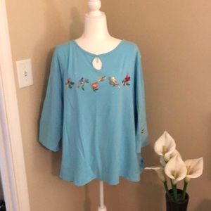 3/4 Sleeved Embroidered Bird Shirt